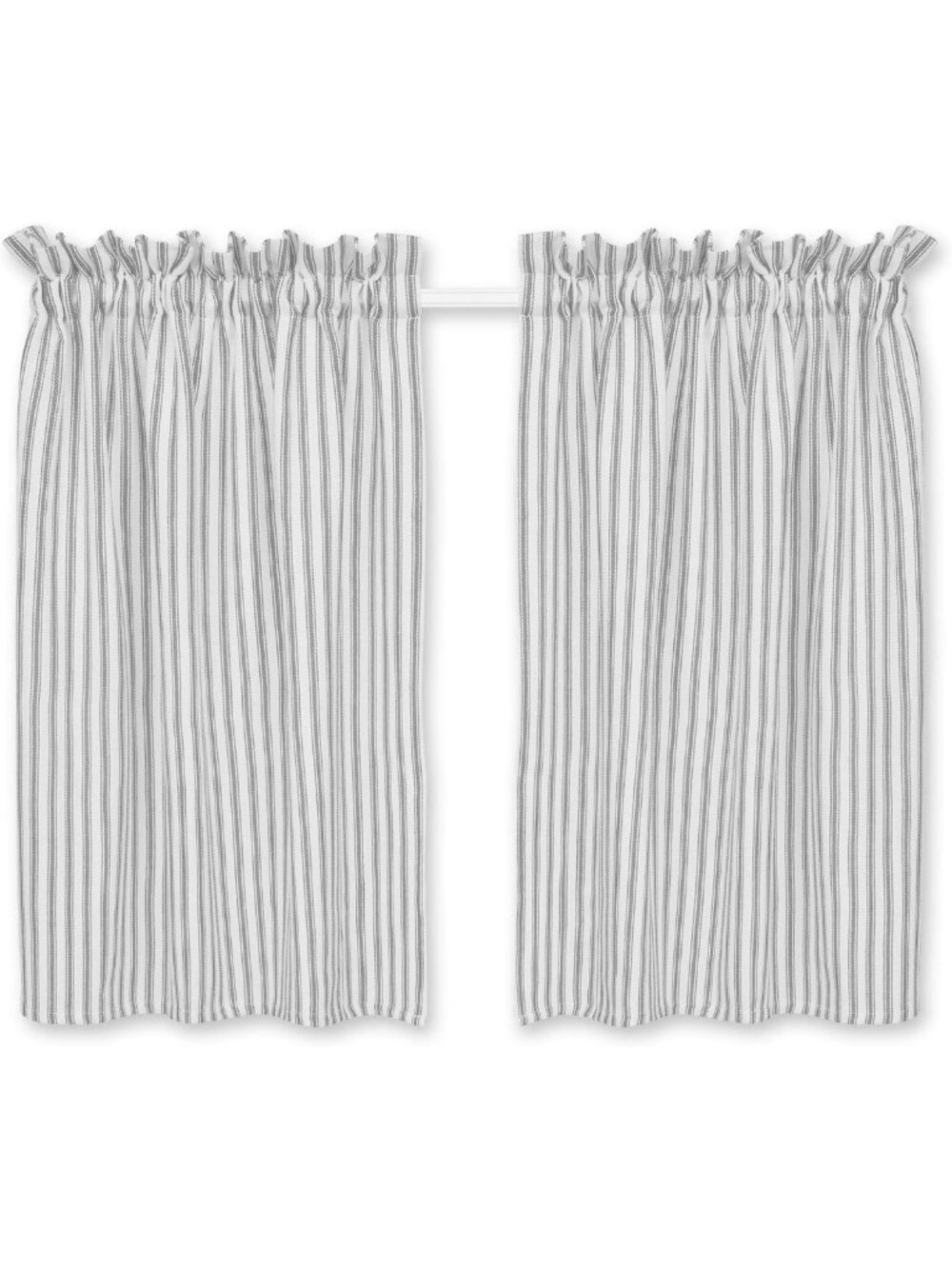 Gray and White Ticking Stripe Cafe Curtains, Woven Cotton, 28x42 Inches, Set of